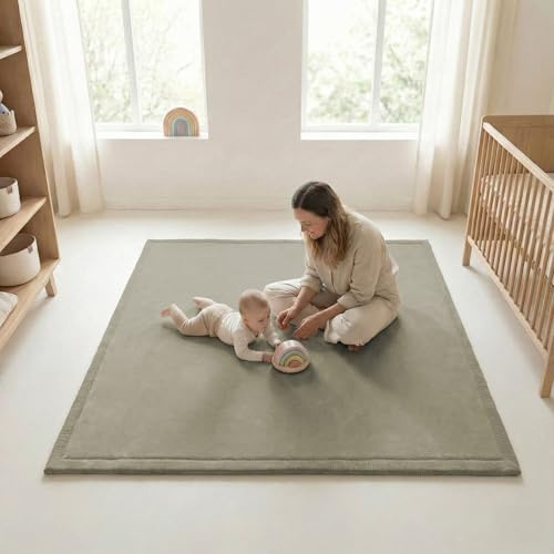Sanosoft® Krabbelteppich für Babys – Samtweiche & Kuschelige Spielmatte – rutschfest, Schadstoffgeprüft & Öko-Tex zertifizierte Krabbelmatte (Schilfgrün, 100x150cm)