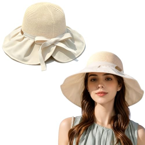 Kanzith Sun Hats for Women Ladies UK, UPF 50+ Wide Brim Packable Hat | Breathable Straw Bucket Hat with Back Opening and Bowknot, UV Protection for Summer Outdoor