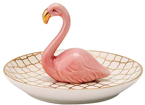 LEPENDOR Porzellan Entzückende Flamingos Schmuck Ringhalter Keramik Display Rack Handgemachte Keramik Dekor Schmuck Kleintier Tablett - Rosa Flamingos