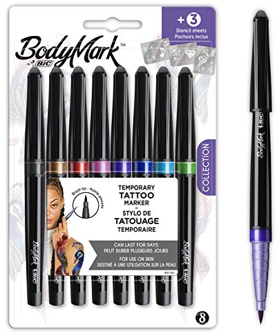 BodyMark by BIC, temporäre Tattoos in 8 Farben, geruchsarme & schnell trocknende Tattoo Stifte für die Haut mit 3 Schablonen