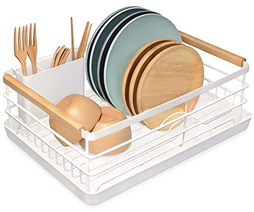 BRIAN & DANY Scolapiatti da Appoggio con Manico in Legno, Bianca, 42 × 30 × 15 cm