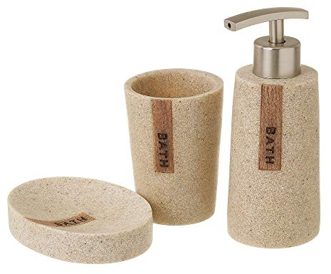 LOLAhome Juego de dispensador, jabonera y Vaso portacepillos de Resina Beige -