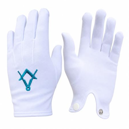 Masonic White 100% Cotton Gloves [Pair] with Turquoise Blue Embroidery (XL)