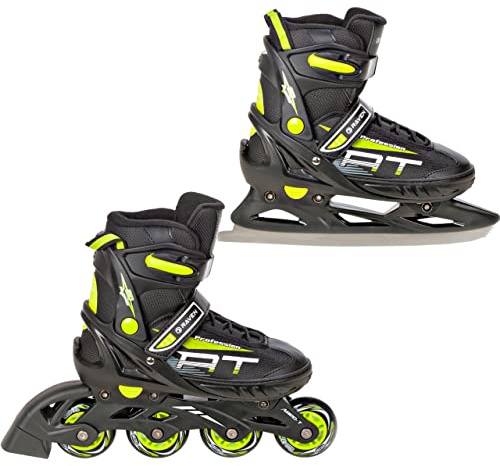 Raven - Pattini a rotelle per bambini, ragazze, adulti, bambini - Pattini a rotelle 2 in 1 con pattini da ghiaccio - Regolabili - Profession Black/Lime, 35-39 (23-25,5cm)