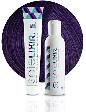 Soielixir Tinta Permanente per Capelli in crema SENZA Resorcina, Parafenilendiammina e Ammoniaca 93 Colori - 100 ml - (Pack Tinta + Ossigeno 10 vol. - 6/20 Biondo Scuro Viola)