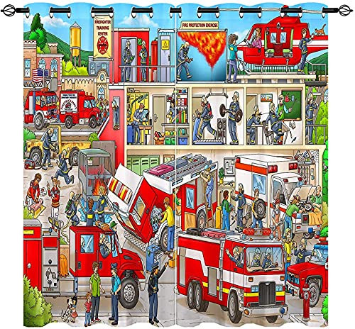LKCD Vorhänge Für Kinderzimmer Jungen - Cartoon Feuerwehr Feuerfest 200X160Cm 2 Stück Kinderzimmervorhänge Mit Ösen, Verdunkelungsvorhang Für Kinderzimmer