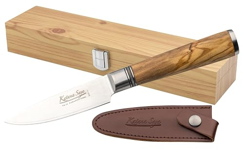 Katana Saya 9cm Paring Knife, 67-Layer VG-10 Damascus Stainless Steel, Olive Wood Handle, Silver
