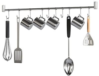 Hakenleiste Edelstahl Küchenleiste Küchenhelfer Küchenreling mit 10 Haken Pfannehalter für Küchenhelfer ca. 20kg belastbar Küchenutensilien Hängeleiste