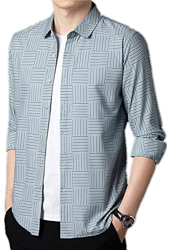 NP Printemps Automne Business Pas de Repassage Manches Longues Plaid Casual Hommes Chemise à Manches Longues Respirant, bleu clair, S