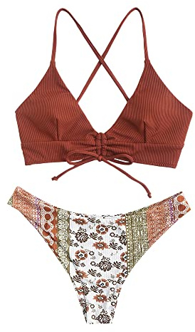 ZAFUL Damen Zweiteilig Bikini-Set mit verstellbarem BH Push-Up Rücken, Triangle Bustle Badehose mit Blummenmuster
