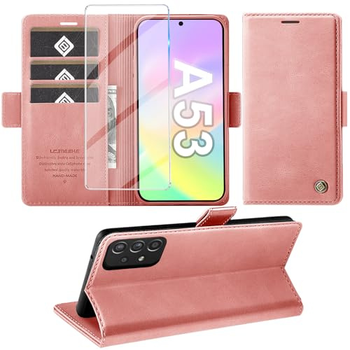Giyer für Samsung Galaxy A53 5G Hülle mit Schutzfolie, Handyhülle Galaxy A53 5G Standfunktion Kartenfach Wallet Premium Leder Schutzhülle A53 5G Flip Case Cover Stoßfeste Klapphülle (rosa)