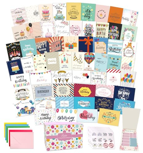 60 Unique Birthday Cards - Assorted Happy Birthday Cards, 5 x 7 inches, With Messages, Envelopes & Stickers in Bulk Boxed Set