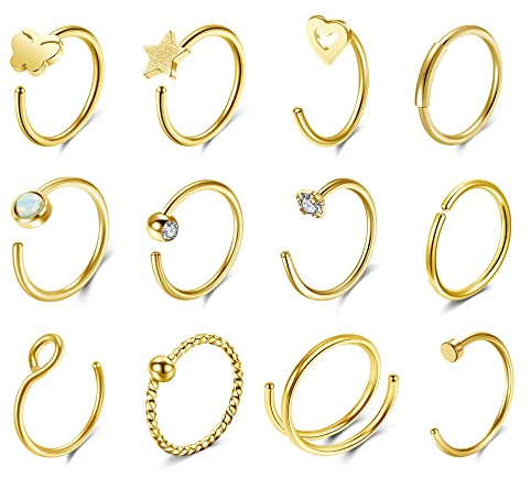 JSDDE 12er Nasenpiercing Set Gold Fake Nasenring aus Edelstahl 20ga Fake Hoop Ringe Non Piercing für Ohr Helix Tragus, 8mm