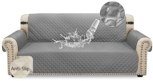 Granbest wasserdichte Sofabezug 3 Sitzer rutschfeste Couchbezug mit Elastischen Riemen, Waschbare Sofaschutz für Kinder, Haustiere, Hunde, Katzen (3-Sitzer, Hellgrau)