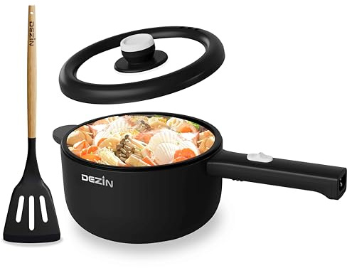 Dezin Hot Pot Electric, 2L Non-Stick Sauté Pan, Rapid Noodles Cooker, Mini Portable Pot for Steak, Egg, Fried Rice, Ramen, Oatmeal, Soup with Power Adjustment & Spatula, College Dorm Room Essential