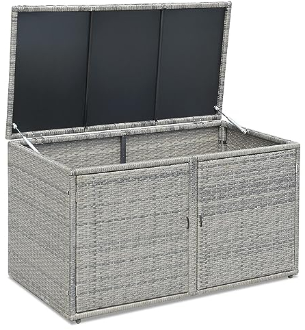 GIANTEX Auflagenbox Rattan 335 L mit Deckel, Gartenbox Kissenbox mit Doppeltüren & 2 Ablagen, Kissentruhe Aufbewahrungsbox Metallrahmen, Gartentruhe Auflagentruhe Gerätetruhe Truhenbank 115x60x65cm