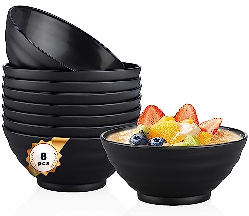 Pleafind Cereal Bowls - 24oz Plastic Bowls Set of 8 - Unbreakable and Lightweight Soup Bowls,Dishwasher and Microwave Safe, Idea for Cereal, Dessert, Salad(Black)