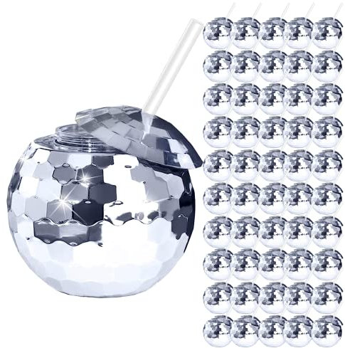 ZHURUININ 50 PCS Disco Ball Cups, 20Oz Disco Party Cups with Lid and Reusable Straw Flash Ball Cocktail Cup for Party Nightclub Bar Supplies Wine Drinking Syrup Tea Bottle (Sliver 50 Pieces)
