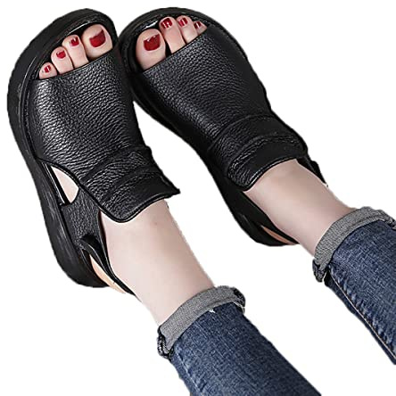 RZYW Sandali Donna Ortopedico Sandali con Zeppa Donna Estivi Comode Pelle Platform Sandalo Eleganti Strappo Plateau Scarpe con Tacco Wedges per Camminare,Nero,39
