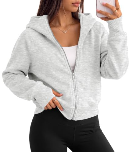 Trendy Queen Womens Zip Up Hoodies Jackets Cropped Sweatshirts Fleece Fall Outfits Casual Comfy Y2k Tops Winter Clothes 2026 Grey M