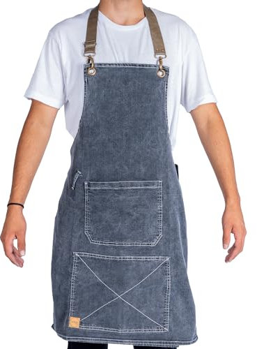 SHOPPLACE Delantal Barbacoa de Jean con Tiradores de Cuero con Bolsillos (gris)
