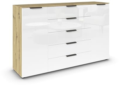 Rauch Möbel Flipp, Kommode, Farbe Glas Weiß/Eiche Artisan, Breite 160 cm | Sideboard, 2-türig, 5 Schubladen, Glasfront, Soft-Close-Funktion, für Schlafzimmer, Gästezimmer, Wohnzimmer, Garderobe, Flur