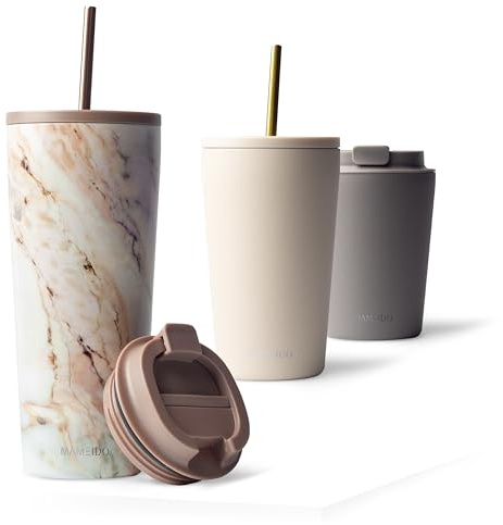 MAMEIDO Thermobecher mit Strohhalm 700 ml, Trinkbecher mit Deckel und Strohhalm aus Edelstahl doppelwandig isoliert, auslaufsicher, Coffee to go Becher (Pearl Marble)