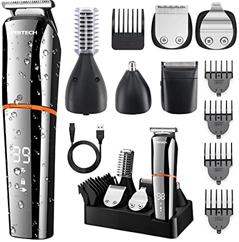 PRITECH Skäggtrimmer, elektrisk hårklippare, män, trådlös näshårstrimmer, precisionstrimmer, vattentät IPX6 uppladdningsbar LED-effektindikator, 6-i-1-kit, trimmer, rakapparat