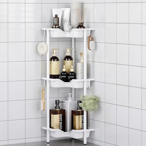 Oriware Porta Sapone per Doccia, Mensola Doccia Senza Foratura, Scaffale Angolare da Terra, Scaffale Bagno (Bianco, 3 Tier)