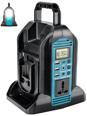 350W Sine Wave Wechselrichter für Makita 18V Batterie, 2-Ports 18V auf 230V Volt Spannungswandler mit 3 USB-A Ports, 1 USB-C Port, 300lm LED-Licht für Camping Reisen Jagd Notfälle (Nur Gerät)