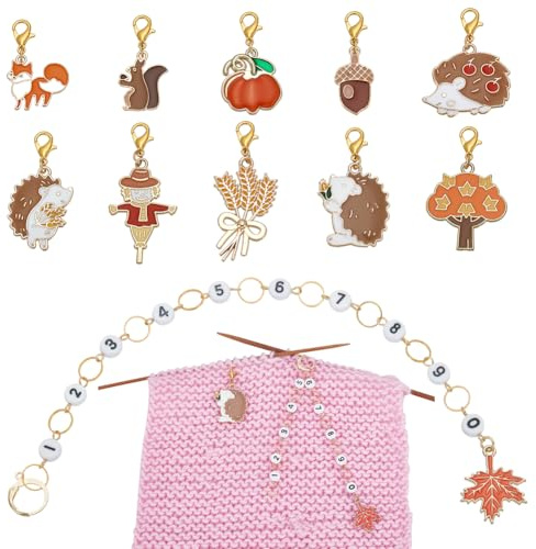 BENECREAT 11Pcs Legierung Zahl Stricken Reihe Zähler Ketten, Antik Silber Herbst Thema Charme Verriegelung Masche Marker mit Hummer Klaue Clasps für Stricken Weben Nähen Zubehör
