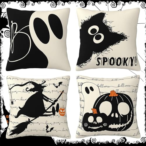 Jiahuade 4 Stück Halloween Kissenbezug 45x45cm,Happy Halloween Kissen Boo,Schwarze Katze Deko,Dekorative Kissenhülle,Leinen Dekokissen,für Wohnzimmer Sofa Schlafzimmer