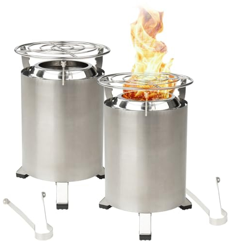 Carlo Milano Holzkohle-Grill: 2er-Set Outdoor-Tisch- & Boden-Feuerstellen, Edelstahl, 18x18x25 cm (Raketenofen, Tischfeuer Outdoor, Heizstrahler)