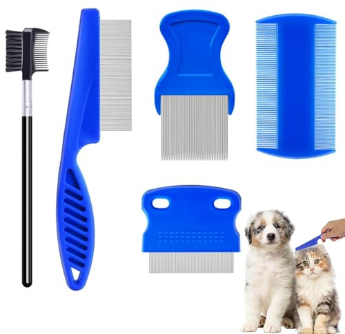 MAEXUS 5 Stück Katze Hund Flohkamm Set, Läusekamm für Haustiere, Pet Tränenfleckentferner Kamm, Metall Zähne Läusekamm, Doppelseitig Nissenkamm, Entfernt effektiv Flöhe und Läuse, für Haustierpflege