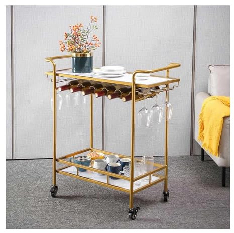 Barwagen Küchenwagen Rollwagen Mobiler Goldener Barwagen mit 2 Ebenen, moderner Minibar-Küchen-Servierwagen für Wein und Gläser, Getränkewagen, industrieller Rollwagen wyqdp24930(Color:Gold+White