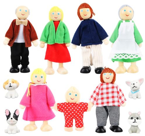Jognee Juego de casa de muñecas de madera de 11 piezas con familia, gato y perro – Muñecas flexibles para la casa de muñecas Pretend