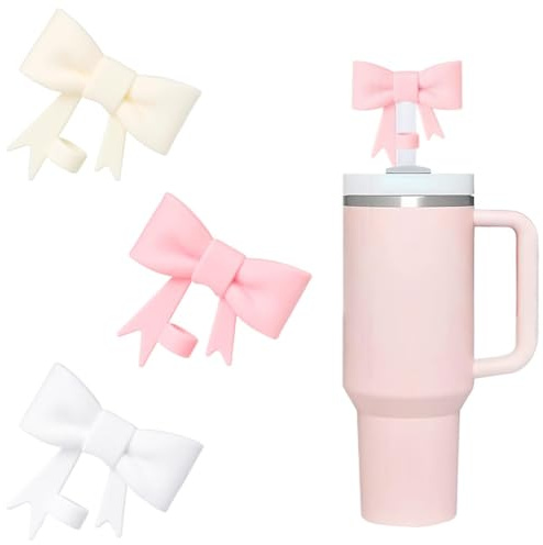 RVYEIOP Pack de 3 Fundas para Pajitas Stanley Cup 10 mm Cute Bow Material de Silicona para Pajitas Antipolvo Funda 30 y 40 oz Multicolor