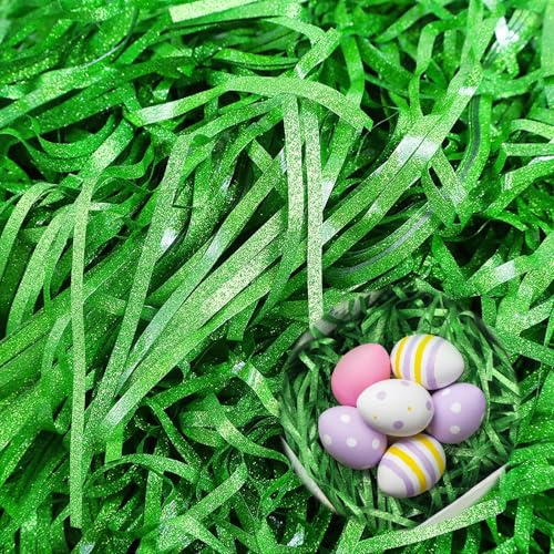 ACTOYS Ostergras Papier, Ostergras Grün, Geschreddertes Papier Füllmaterial, Füllmaterial Geschenk 200g (Glitzer hellgrün, 200g)
