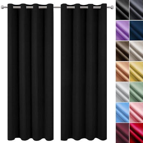 NINGBAI Gardinen Wohnzimmer/2Er Set Ösenvorhang 120 x 220 cm Gardine Schlafzimmer Ösen Thermo Vorhang Blickdicht, Thermo Vorhang Kurz für Schlafzimmer, Schwarz
