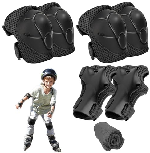 Kids Knee and Elbow Pads - 7 PCS Adjustable Protective Gear Set for Children, Includes Knee Pads, Elbow Pads, Wrist Pads and Cooling Towel, Perfect for Skateboarding, Roller Skating and Biking