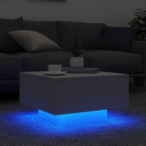 HEFZGDB Couchtisch mit LED-Leuchten Weiß 55x55x31 cm Kaffeetisch Wohnzimmertisch Klein Kleiner Tisch Wohnzimmer Coffe Table für Café Tagungsraum Balkon Garten