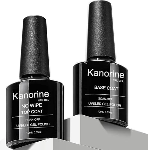 Kanorine Gel Top Coat and Base Coat Set, 2Pcs x10ml Gel Nail Polish No Wipe Top and Base Coat Set, Glossy Shine Long Lasting Mild-Formula UV LED Soak Off GelPolish For Home DIY and Nail Salon