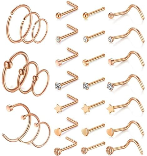 LOCCY 21-30 Stück 20G Nasenpiercing, 316L Edelstahl Nasenring Nasenstecker Silber/Gold Screw/Straight/L-Form Nasenpiercing mit Zirkonia Nostril Piercing Schmuck für Frauen Männer
