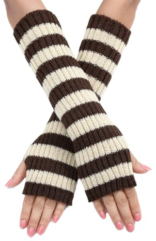 Blausky 1 Paar Damen Dehnbare Häkelhandschuh,Lang Fingerlos Gestrickte Armstulpen Wärmer Gestreift Strickhandschuhe Winter Handschuhe Strick Gloves Handwärmer Stulpen 30x7cm,Schwarz-Weiß