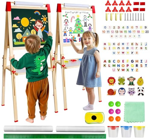 Tableau Enfant Double Face Set: Tableau Blanc Enfant avec Noir Magnétique - Chevalet Bois Réglable en Hauteur - Convient aux Filles et aux Garçons âgés de 3 à 12 Ans (White and Green)