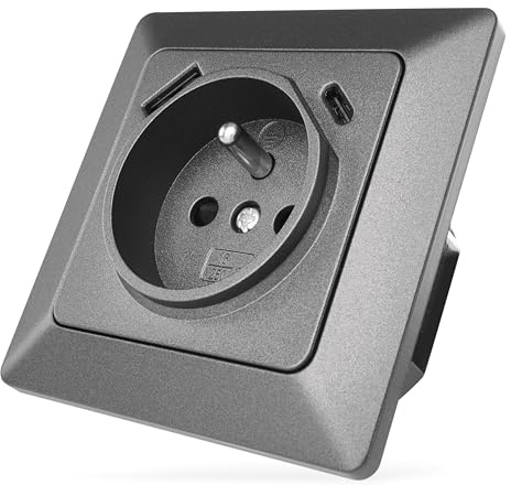 EMOS - Unterputz-Steckdose in French-Standard mit 2 USB-Ports (Typ A und Typ C) - Wandsteckdose für Handy oder Smartphone Laden - 250V Steckdose und PD Fast Charge 5V/3A - schwarz