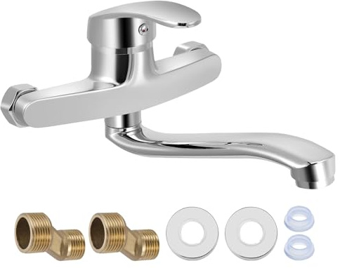 Wasserhahn Wandmontage, Edelstahl Wasserhahn Wandmontage, 360° Drehbar Wasserhahn Küche Wandarmatur, Kalt und Heiß Einhebelmischer Schwenkarm 24cm, Drehbarer Wasserhahn für Küche, Bad, Waschbecken