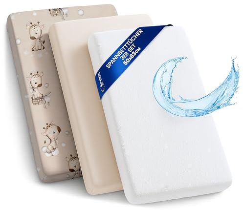 Sábanas Ajustables para Cochecito de bebé Juego de 3: 50x83 cm - 2 sábanas + 1 Protector de colchón Impermeable - Accesorios para Cuna de bebé y minicuna 50 x 83