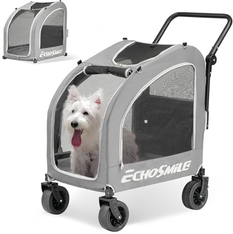 EchoSmile 4 Wheels Pet Stroller, Dog & Cat Stroller for All-Season, Lightweight Carrier with Storage Basket, Adjustable Handle, Removable Pad, Breathable Mesh, Up to 135 lbs, Grey