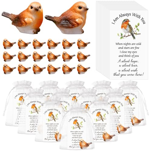 CNSJ 20 Sets Mini Resin Robin Gifts for Women Men Robins Figurine Ornaments Statue with Prayer Cards Organza Bags for Garden Home Christmas Sympathy Remembrance Memorial Gifts Funeral Favour